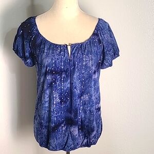 Lavish Pullover Top, Blue Tie-dye with Lace & Rhinestones, Size Medium